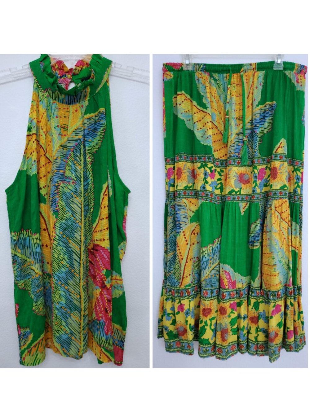 Cynthia Rowley Floral Tropical Boho Colorful Halter Top and Midi Skirt Set XL